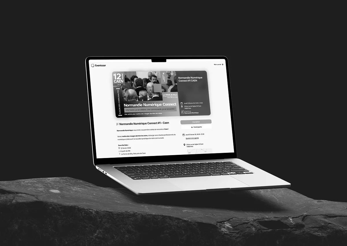 Tableau de bord et vue détaillée de l'événement sur l'application web Eventozor