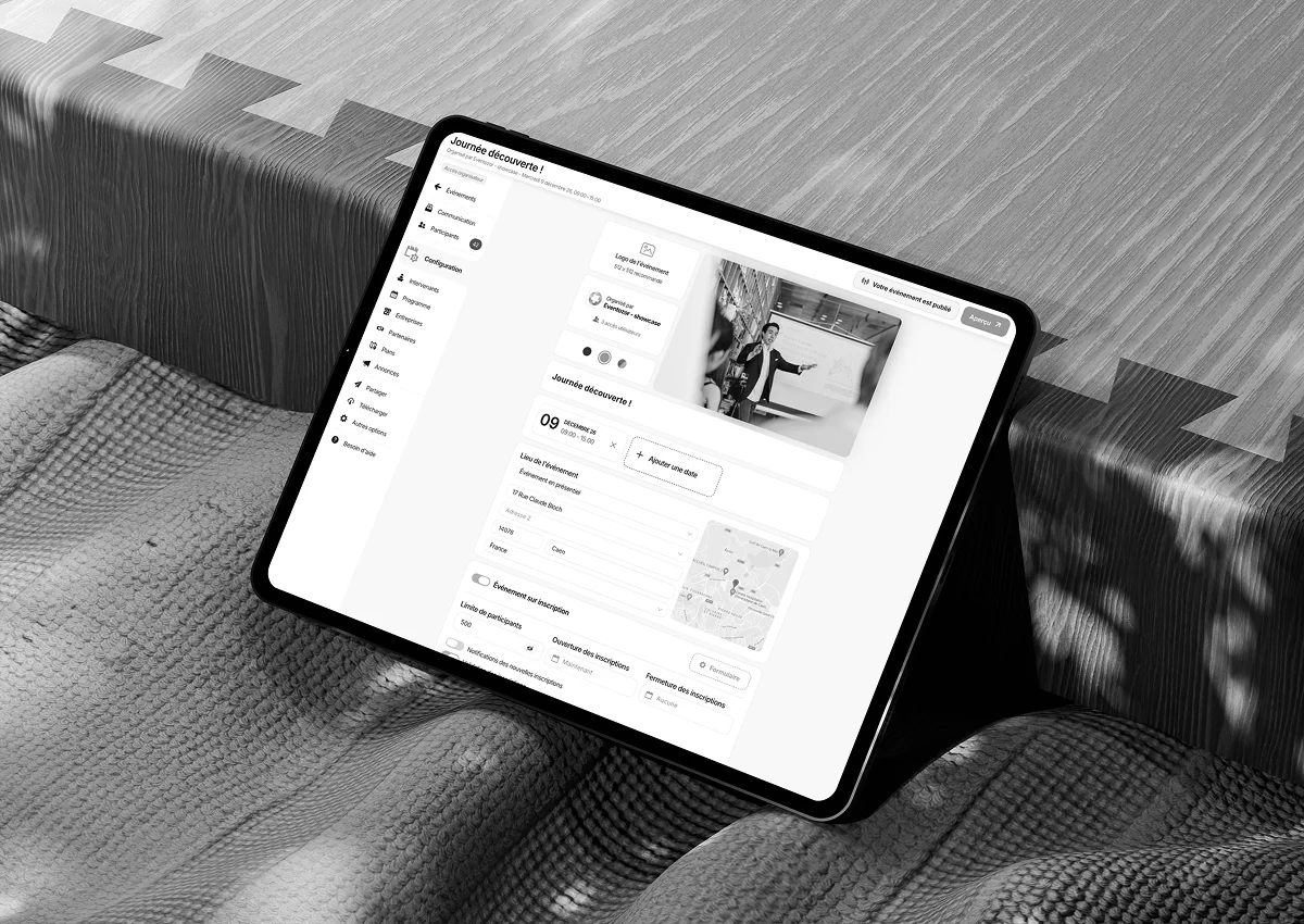 Tableau de bord organisateur sur tablette
