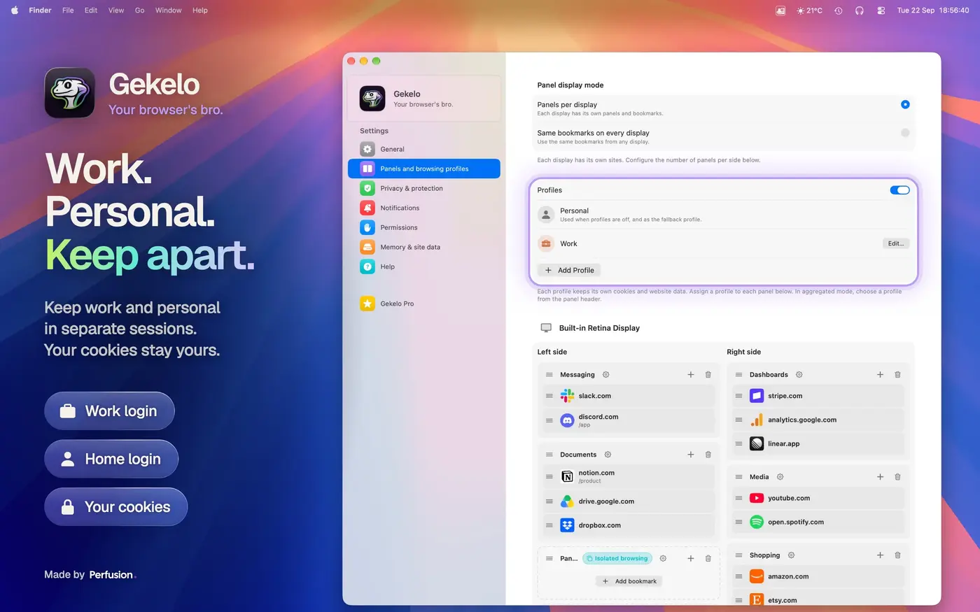Panneau privé Gekelo et profil de navigation isolé sur macOS