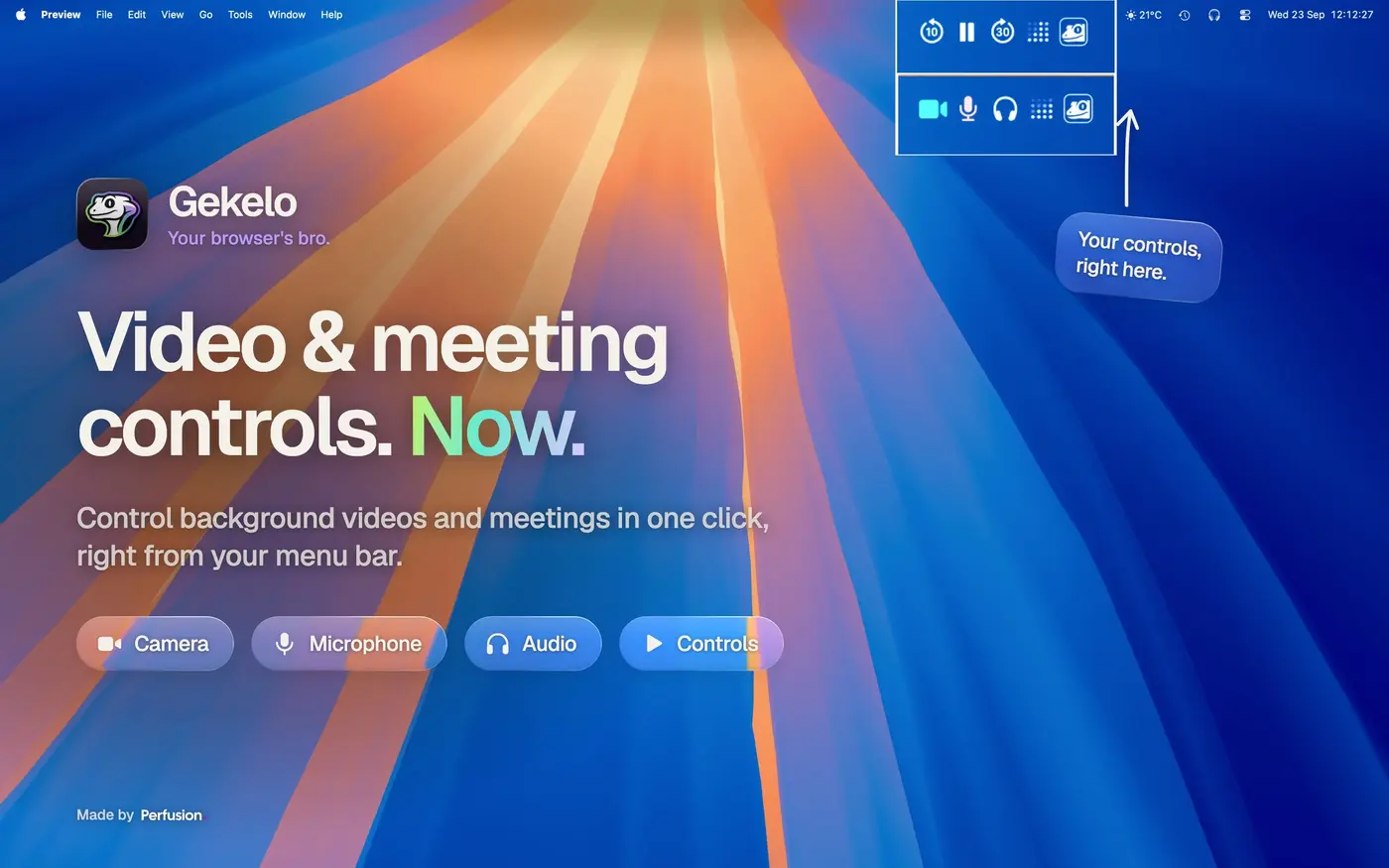 Contrôles média et commandes d'appel Gekelo dans la barre des menus pour Meet et Discord